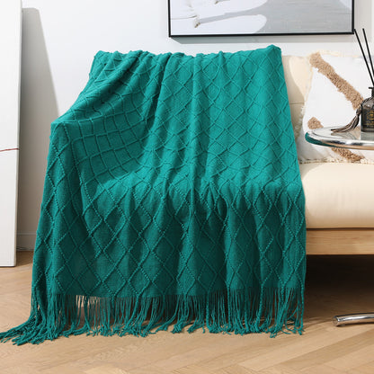 Cozy Knit Throw Blanket with Tassels Lightweight Breathable Acrylic for Sofa & Travel Comfort | YENLN06