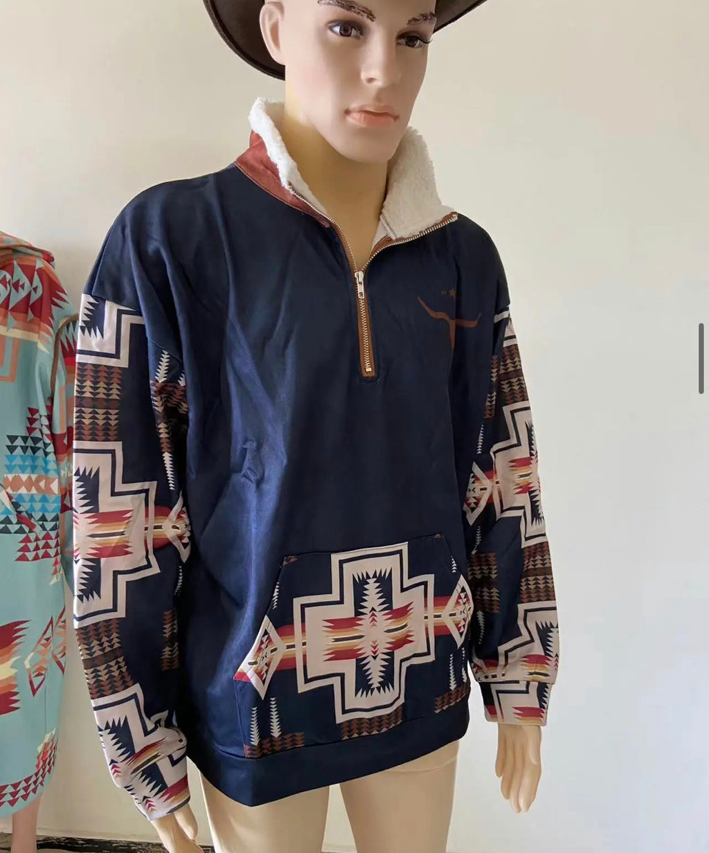 Men's Vintage Western Yellowstone Colorblock Jumper Big Size Zipper Stand Collar Sweatshirt | 99O9