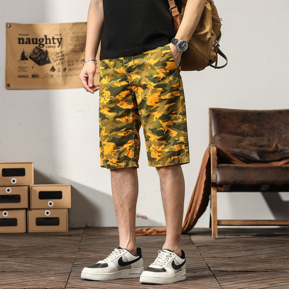 Short cargo camouflage ample à coupe ample pour homme, design haut de gamme, style estival | G3526 