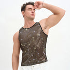 WINUU Men‘s Mesh Sequin Tank Top Rave Party Vest for Clubs & Music Festivals Shiny Glitter Muscle Tee Shirt