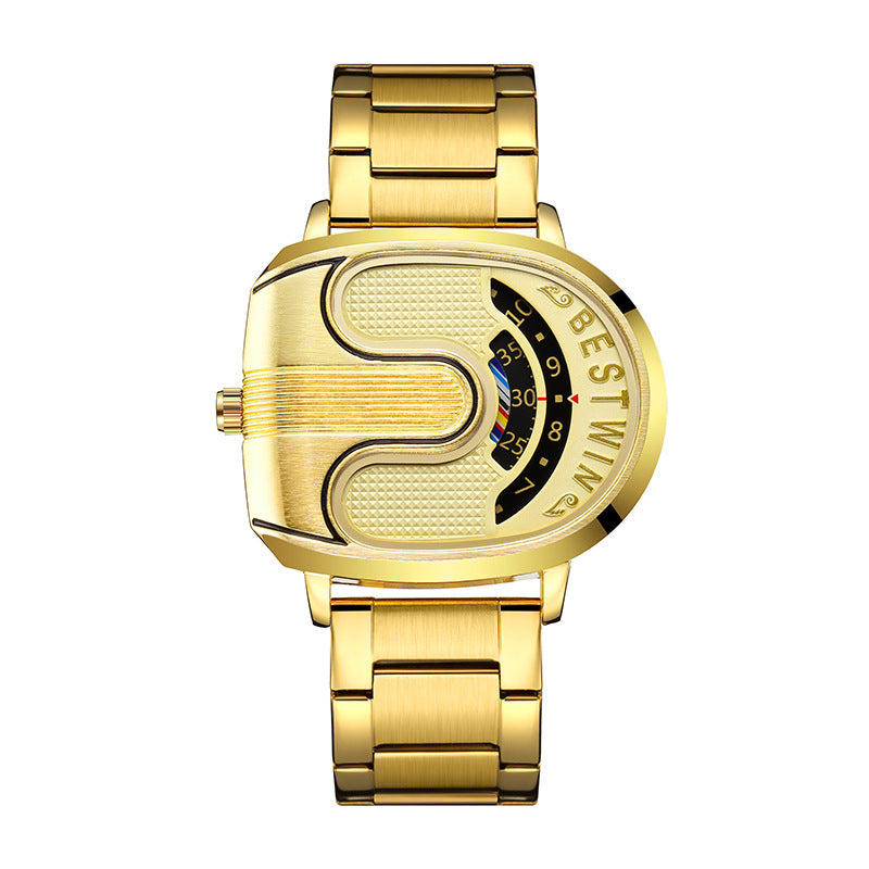BESTWIN Men‘s Gold U-Shape Digital Chronograph Watch | Fashion Oval Dress Timepiece with Stainless Steel Bracelet | 988
