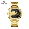 BESTWIN Men‘s Gold U-Shape Digital Chronograph Watch Fashion Oval Dress Timepiece with Stainless Steel Bracelet
