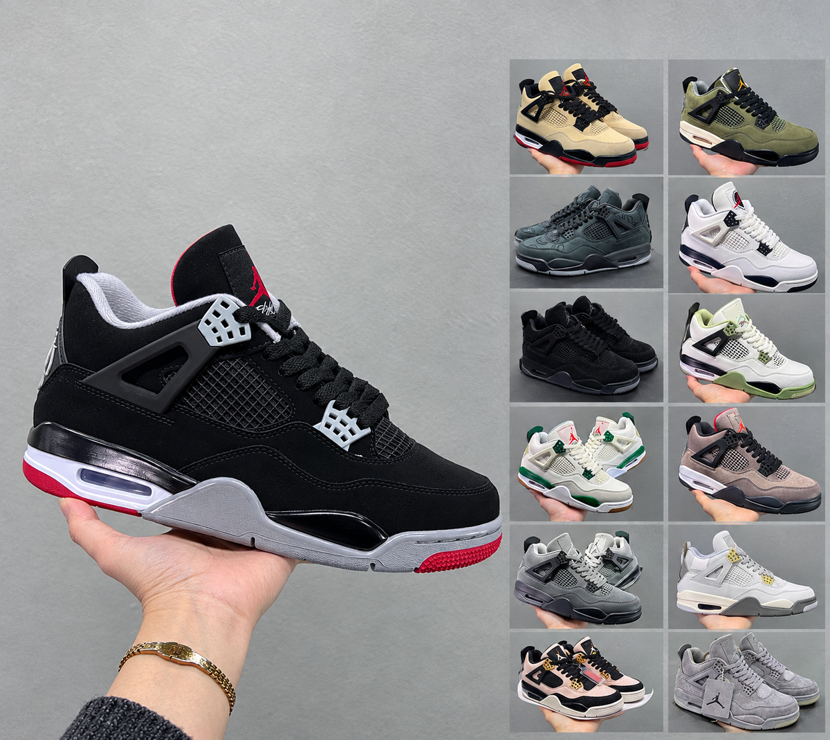 AJ4 Suede Grey High-Top Basketball Sneakers Unisex Cushioned Retro Trainers with Glow Sole & Toon Design