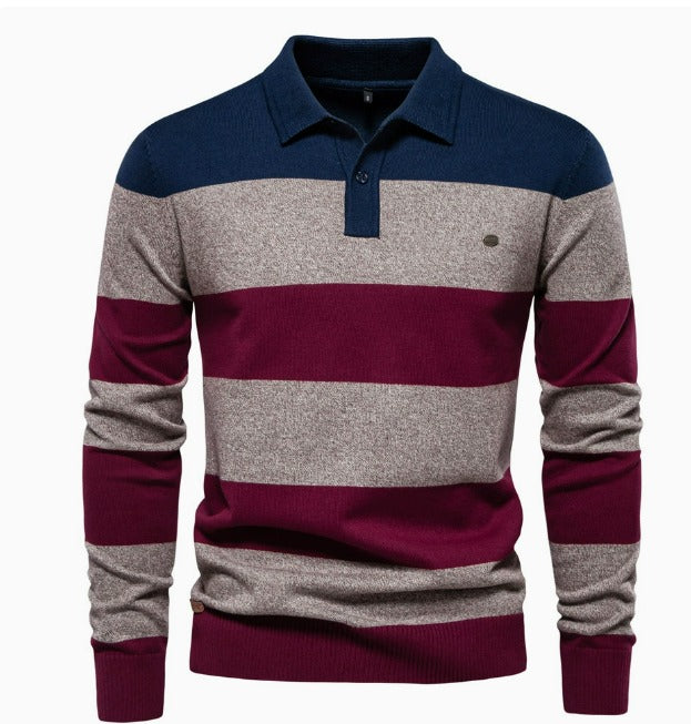 Men's Casual Golf Long Sleeve Half Zip Striped Polo Shirt | PL218