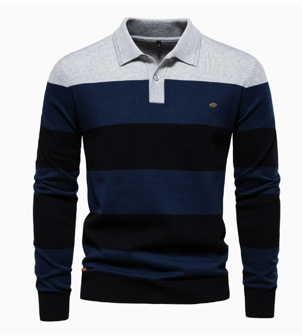 Men's Casual Golf Long Sleeve Half Zip Striped Polo Shirt | PL218