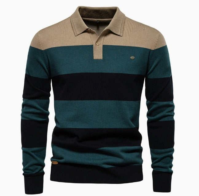 Men's Casual Golf Long Sleeve Half Zip Striped Polo Shirt | PL218