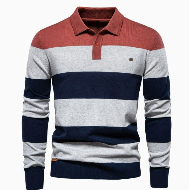 Men's Casual Golf Long Sleeve Half Zip Striped Polo Shirt | PL218