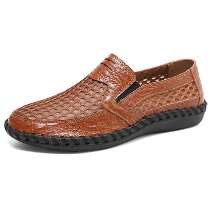 Men's Lightweight Loafers Cowhide Retro Hand-Sewn Slip-On Driving Shoes with Soft Mesh Sole for Outdoor Travel | HB3399