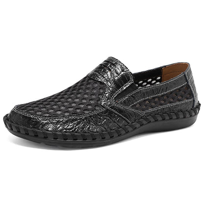 Men's Lightweight Loafers Cowhide Retro Hand-Sewn Slip-On Driving Shoes with Soft Mesh Sole for Outdoor Travel | HB3399