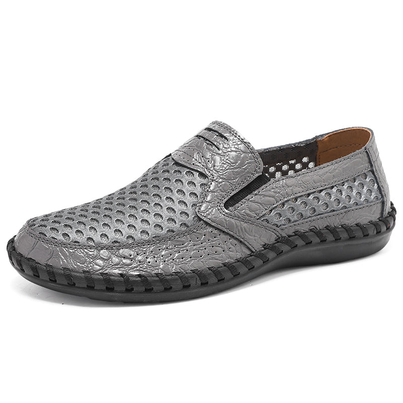 Men's Lightweight Loafers Cowhide Retro Hand-Sewn Slip-On Driving Shoes with Soft Mesh Sole for Outdoor Travel | HB3399