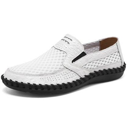 Men's Lightweight Loafers Cowhide Retro Hand-Sewn Slip-On Driving Shoes with Soft Mesh Sole for Outdoor Travel | HB3399