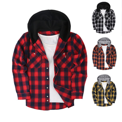 Chic Color Block Men's Plaid Pattern Hooded Long Sleeve Shirt Jacket With Drawstring And Pocket Spring Fall Outwear