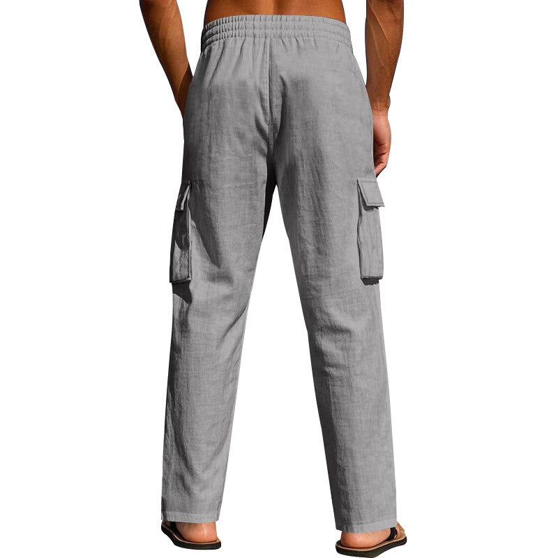 Men’s Four-Season Lightweight Linen Cargo Pants Breathable Multi-Pocket Loose Wide-Leg Trousers | MTGZ-9