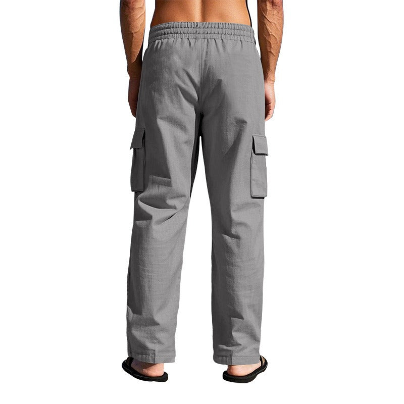 Men’s Four-Season Lightweight Linen Cargo Pants Breathable Multi-Pocket Loose Wide-Leg Trousers | MTGZ-9