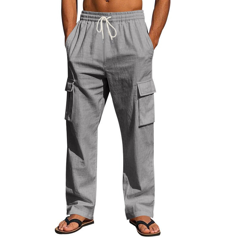 Men’s Four-Season Lightweight Linen Cargo Pants Breathable Multi-Pocket Loose Wide-Leg Trousers | MTGZ-9