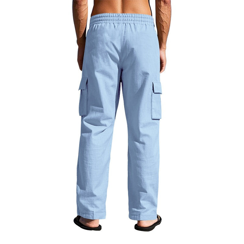 Men’s Four-Season Lightweight Linen Cargo Pants Breathable Multi-Pocket Loose Wide-Leg Trousers | MTGZ-9