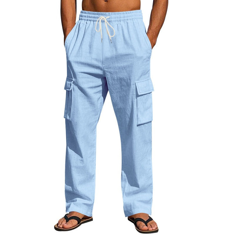 Men’s Four-Season Lightweight Linen Cargo Pants Breathable Multi-Pocket Loose Wide-Leg Trousers | MTGZ-9