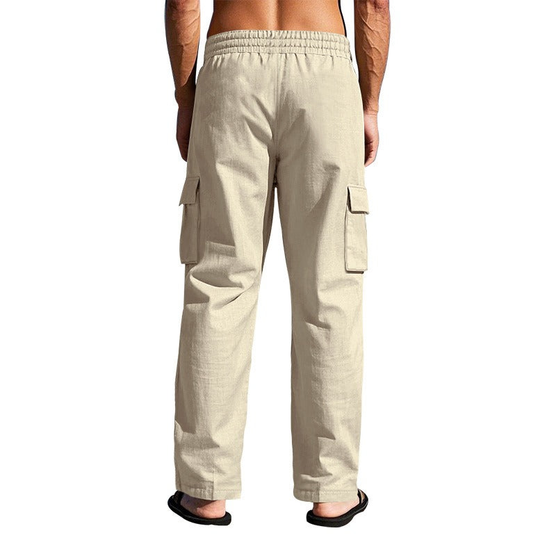 Men’s Four-Season Lightweight Linen Cargo Pants Breathable Multi-Pocket Loose Wide-Leg Trousers | MTGZ-9