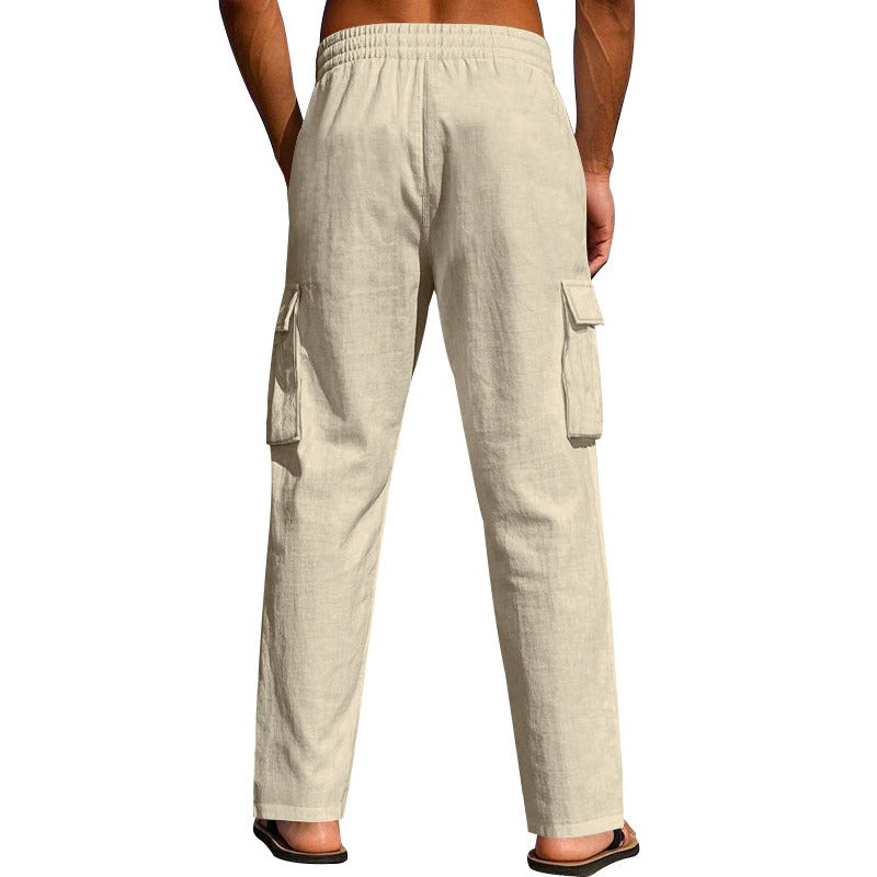 Men’s Four-Season Lightweight Linen Cargo Pants Breathable Multi-Pocket Loose Wide-Leg Trousers | MTGZ-9