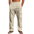 Men’s Four-Season Lightweight Linen Cargo Pants Breathable Multi-Pocket Loose Wide-Leg Trousers | MTGZ-9