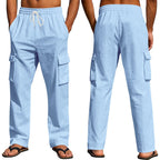 Men’s Four-Season Lightweight Linen Cargo Pants Breathable Multi-Pocket Loose Wide-Leg Trousers | MTGZ-9