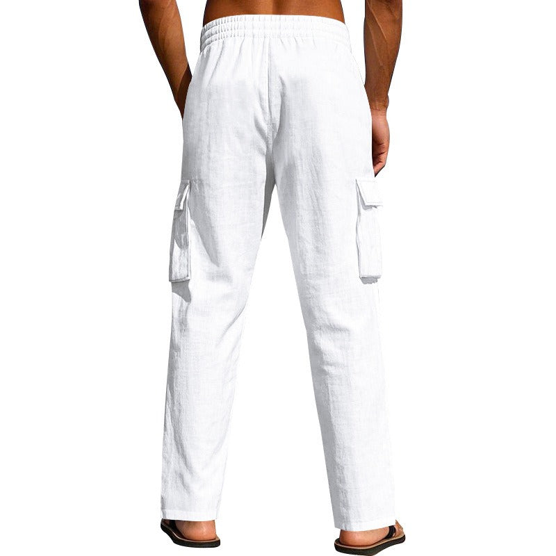 Men’s Four-Season Lightweight Linen Cargo Pants Breathable Multi-Pocket Loose Wide-Leg Trousers | MTGZ-9