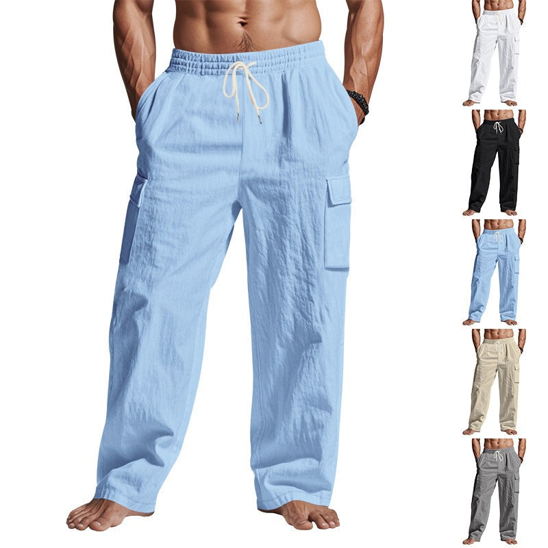Men’s Four-Season Lightweight Linen Cargo Pants Breathable Multi-Pocket Loose Wide-Leg Trousers | MTGZ-9