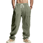 Men’s Four-Season Lightweight Linen Cargo Pants Breathable Multi-Pocket Loose Wide-Leg Trousers | MTGZ-9