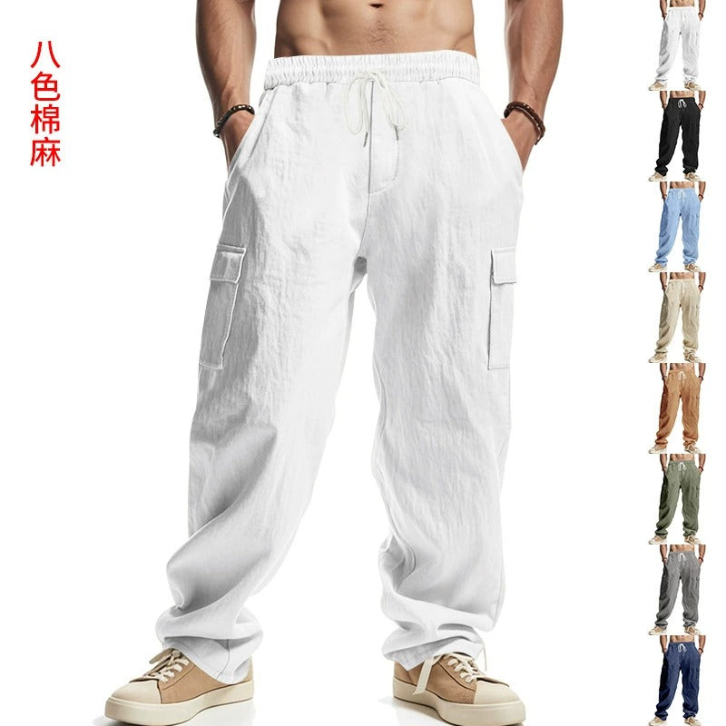 Men’s Four-Season Lightweight Linen Cargo Pants Breathable Multi-Pocket Loose Wide-Leg Trousers | MTGZ-9