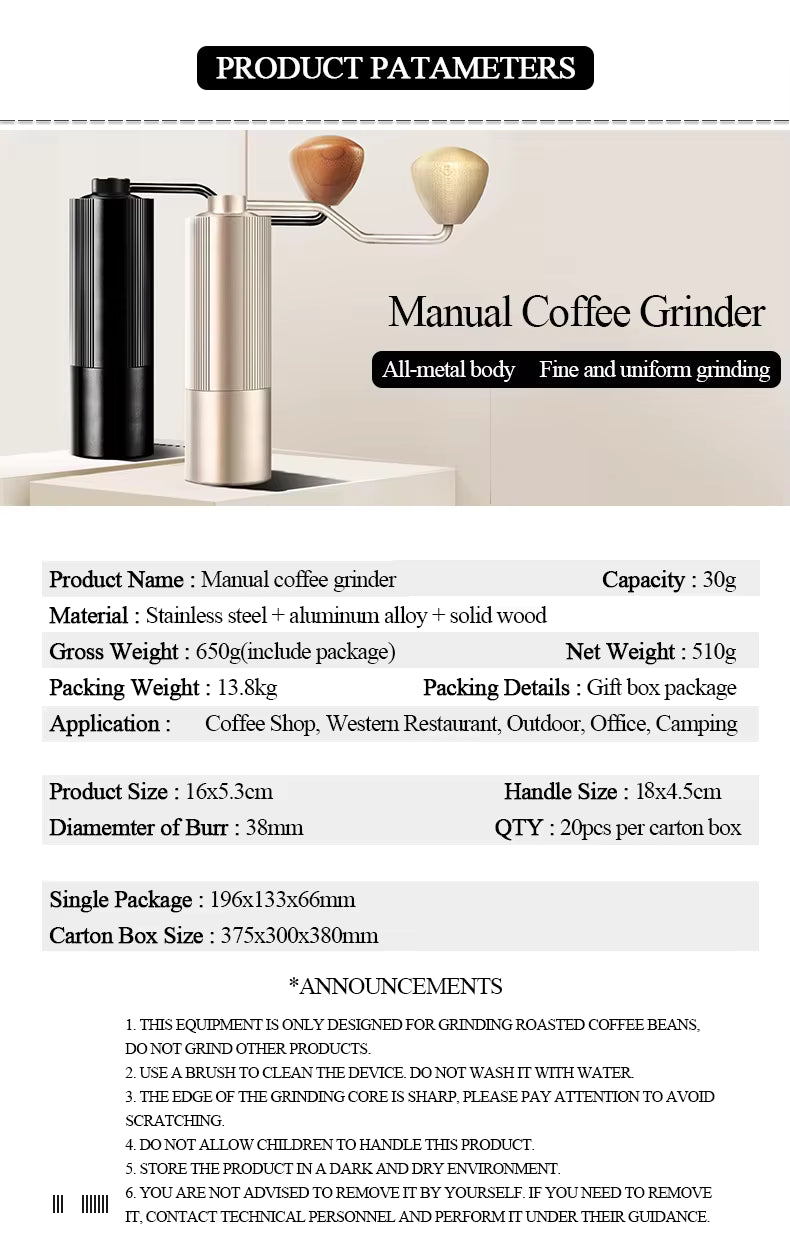 Premium Manual Coffee Bean Grinder – Large 30g Burr Mill, Precision Hand Crank for Espresso & Pour Over | UK Edition | NS1