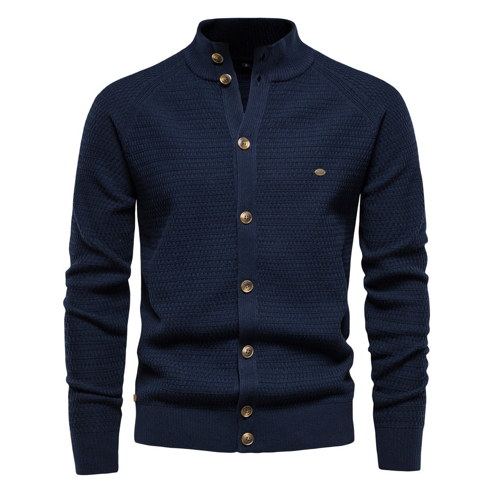 Men’s Winter Full-Zip Cardigan Sweater – High-Stretch Cotton Stand Collar Knit Top | Y324