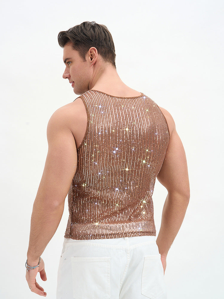 WINUU Men‘s Mesh Sequin Tank Top Rave Party Vest for Clubs & Music Festivals Shiny Glitter Muscle Tee Shirt