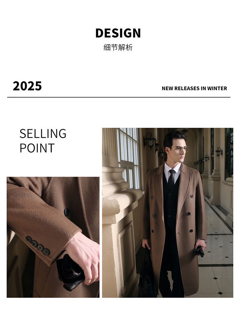 Gents Trench coat Premium Wool-Cotton Blend Peacoat Double-Breasted Mid-Length Overcoat Casual Oversized Lapel Coat