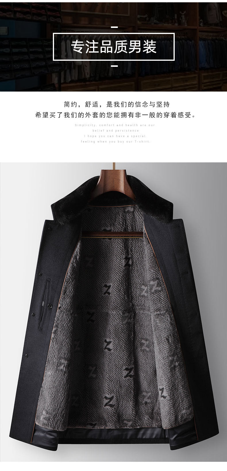 Benji Men's Wool Blend Overcoat with Detachable Rabbit Fur Lining | Winter Business Casual Topcoat for Men | Thick Mid-Length Wool Jacket| SDN682