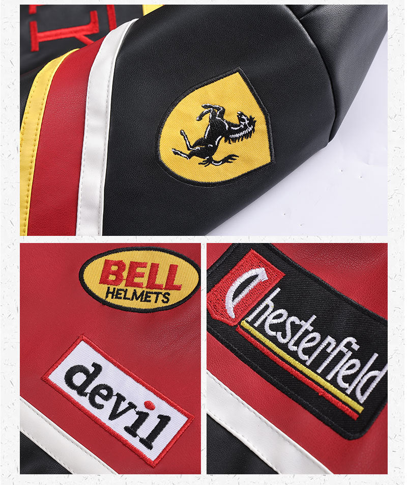 F1 Heavy Embroidery PU Leather Jacket | Unisex Fleece-Lined Racing Coat | Waterproof Windproof Streetwear | 9898