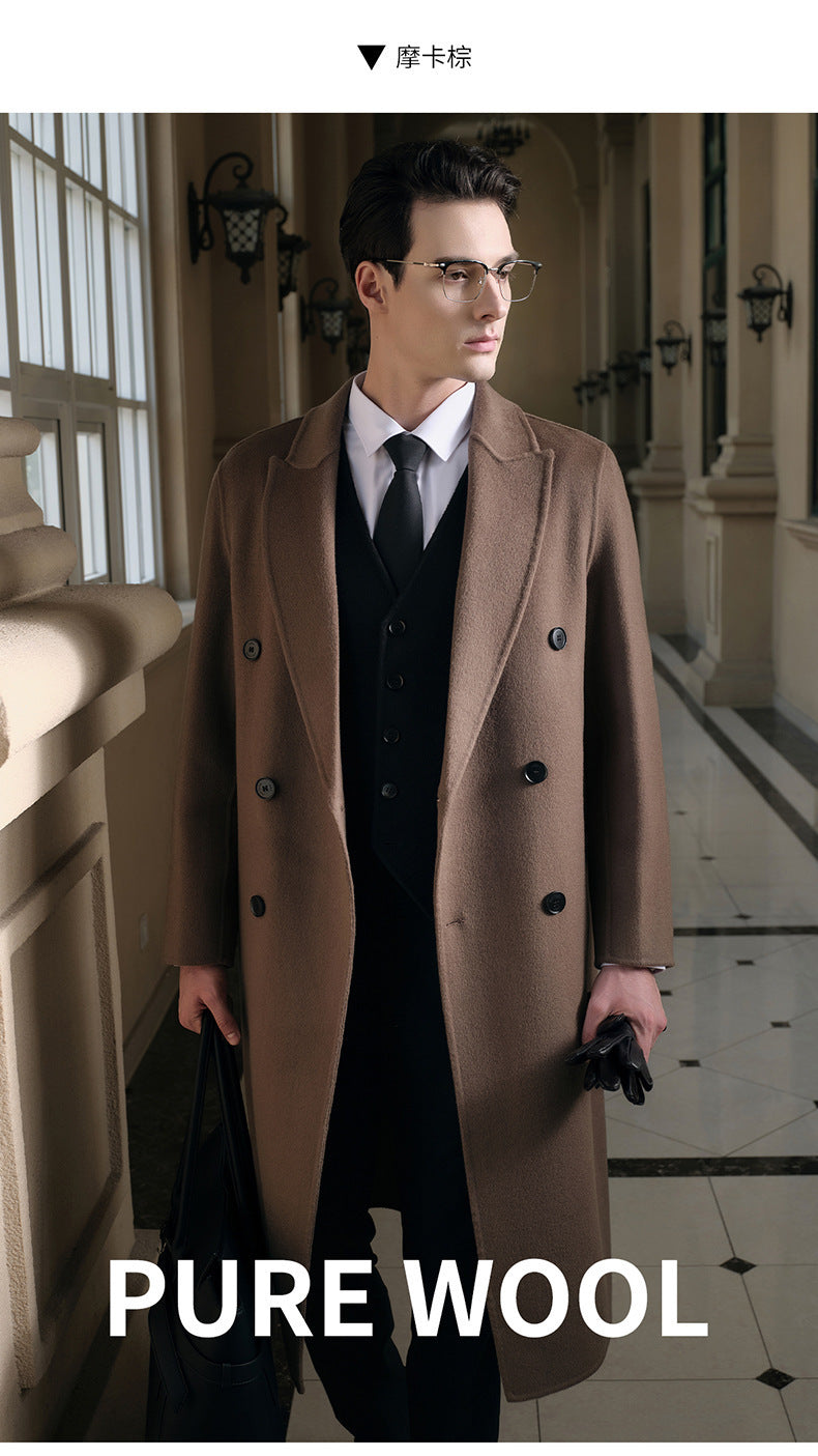 Gents Trench coat Premium Wool-Cotton Blend Peacoat Double-Breasted Mid-Length Overcoat Casual Oversized Lapel Coat