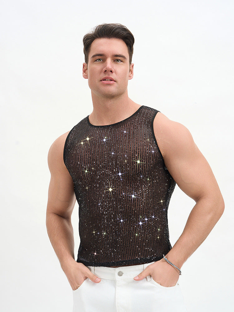 WINUU Men‘s Mesh Sequin Tank Top Rave Party Vest for Clubs & Music Festivals Shiny Glitter Muscle Tee Shirt