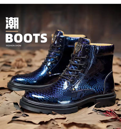 Men's British Leather Boots – Imitation Snake Pattern Martin Casual Boots | 797