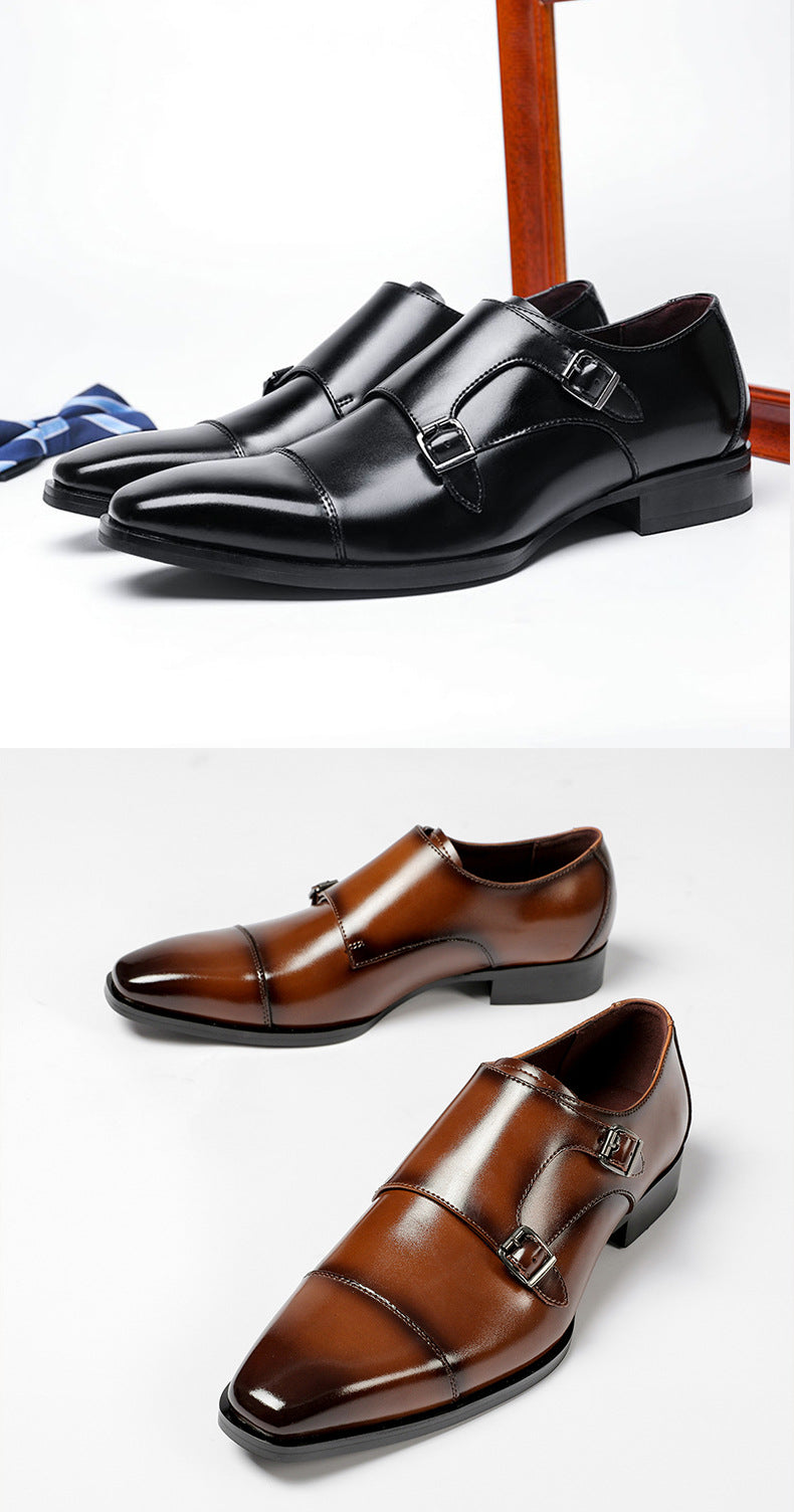 Men's Double Monk Strap Dress Shoes | Genuine Leather Business Oxfords with Height Boost | Square Toe Formal Footwear | HK5009-2
