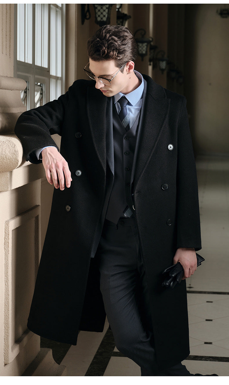 Gents Trench coat Premium Wool-Cotton Blend Peacoat Double-Breasted Mid-Length Overcoat Casual Oversized Lapel Coat