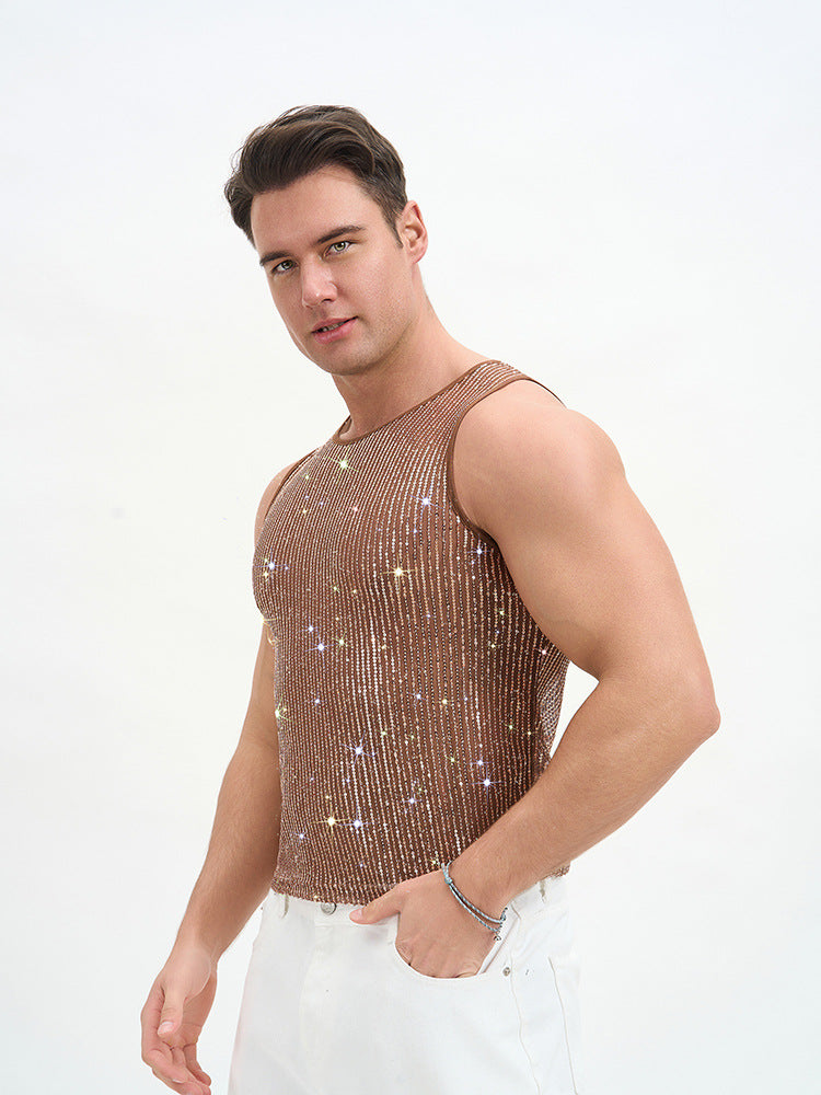 WINUU Men‘s Mesh Sequin Tank Top Rave Party Vest for Clubs & Music Festivals Shiny Glitter Muscle Tee Shirt