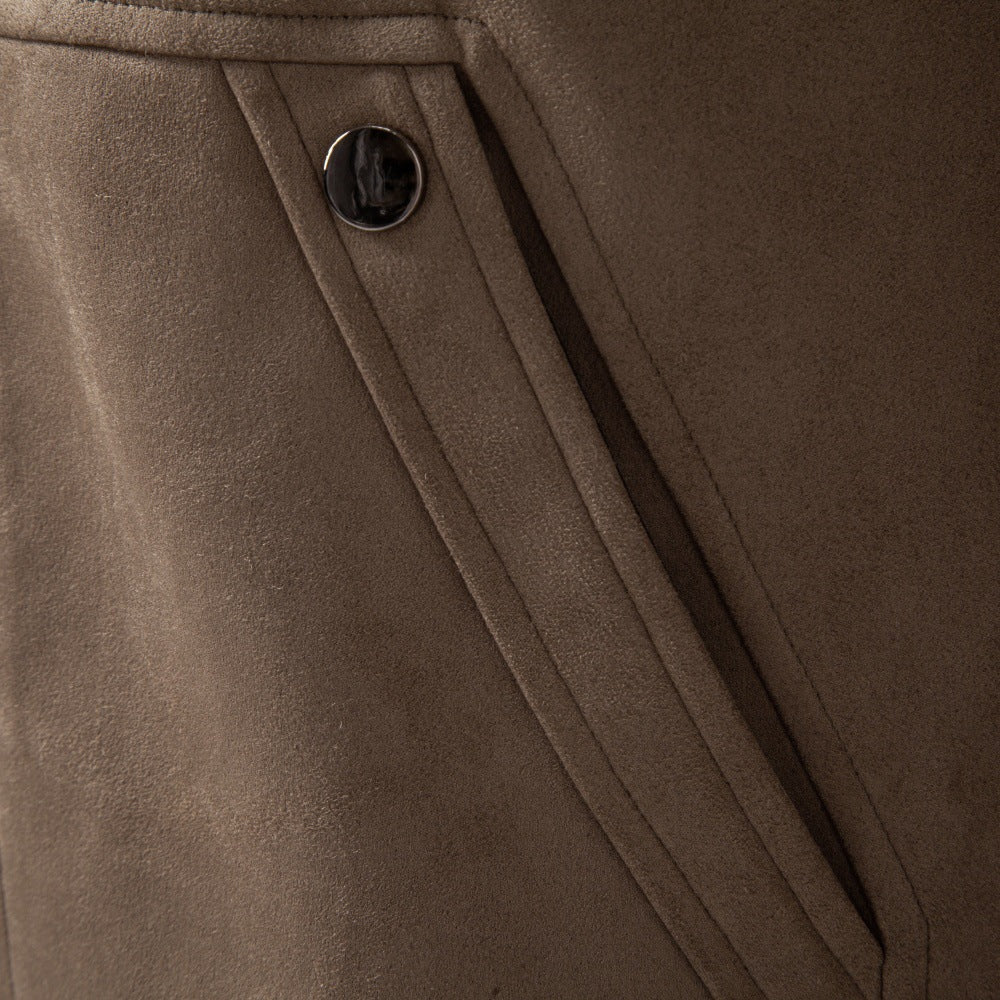 Men's Suede-Look Fleece Jacket | 2026 Winter Business Casual Zip-Up Coat | Khaki Stand Collar Outerwear | JK5022