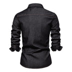 Men’s Washed Denim Shirt – Long Sleeve 100% Cotton Casual Button-Up Top | 6025