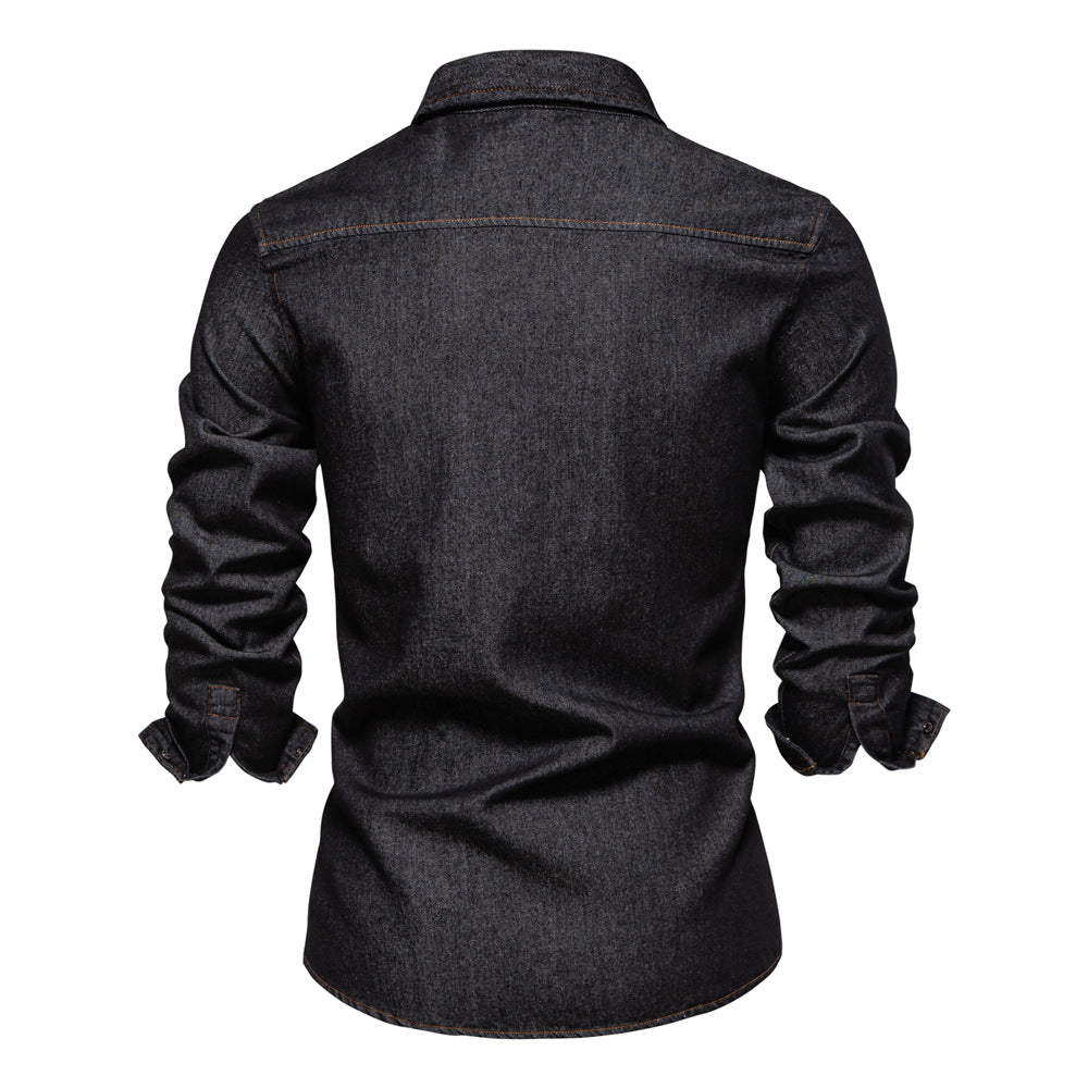 Men’s Washed Denim Shirt – Long Sleeve 100% Cotton Casual Button-Up Top | 6025