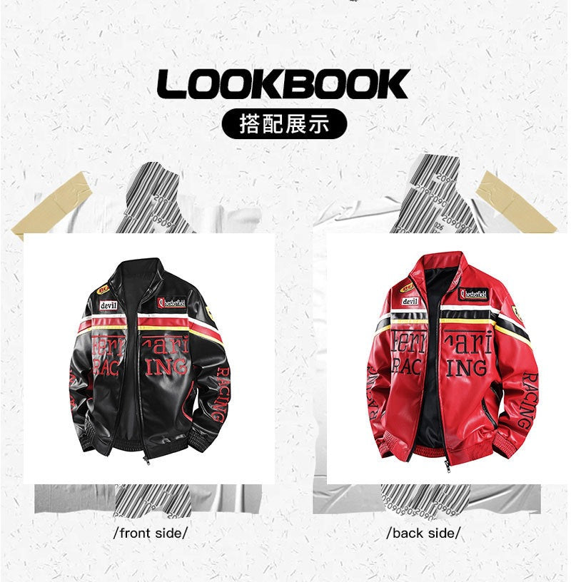F1 Heavy Embroidery PU Leather Jacket | Unisex Fleece-Lined Racing Coat | Waterproof Windproof Streetwear | 9898