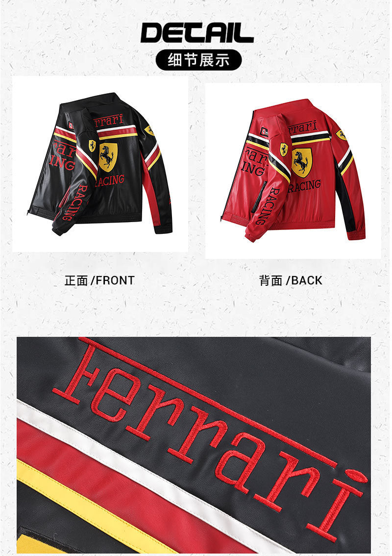 F1 Heavy Embroidery PU Leather Jacket | Unisex Fleece-Lined Racing Coat | Waterproof Windproof Streetwear | 9898