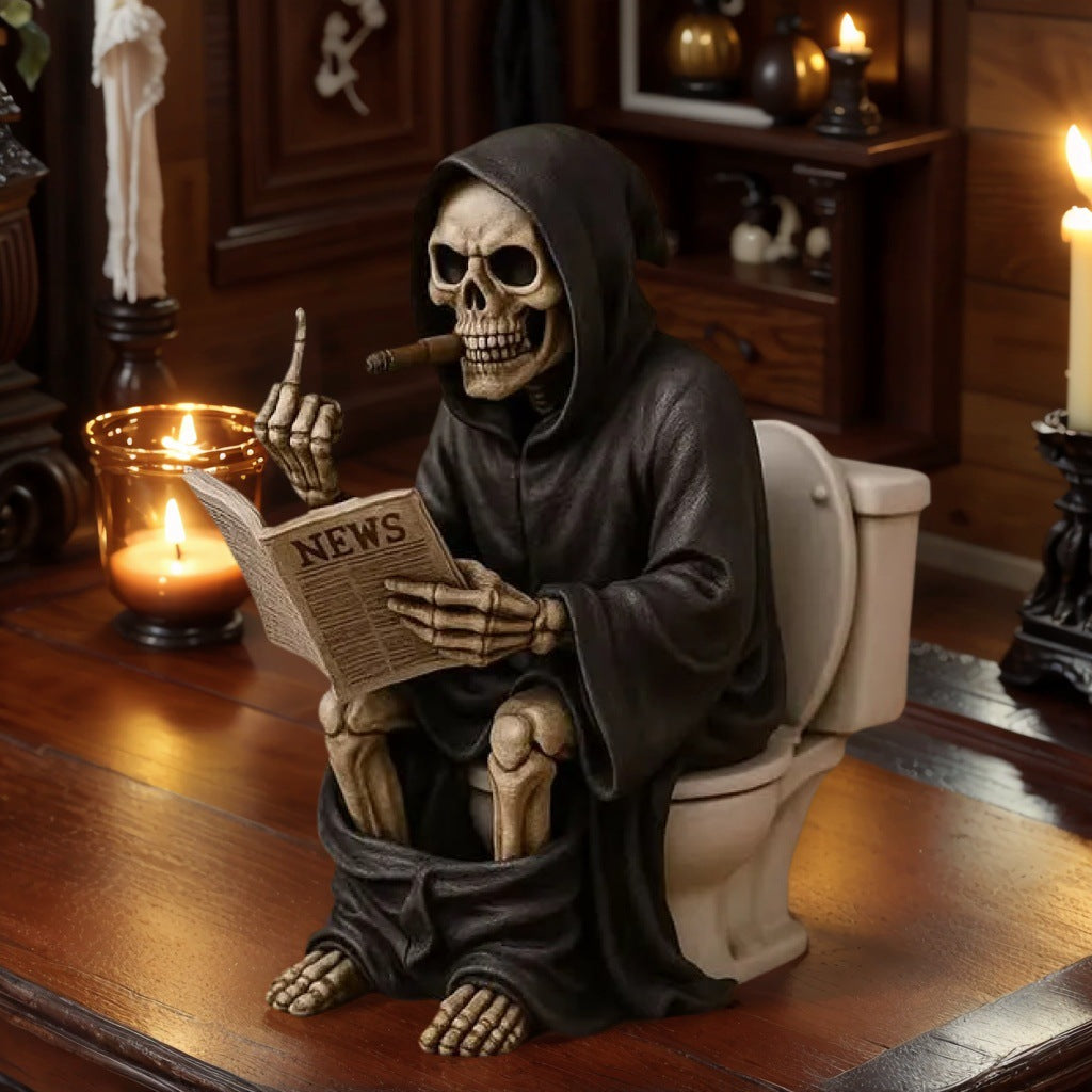 Flipping Grim Reaper Toilet Statue | Middle Finger Resin Sculpture for Halloween Décor | Funny Gothic Desk Ornament | 5622