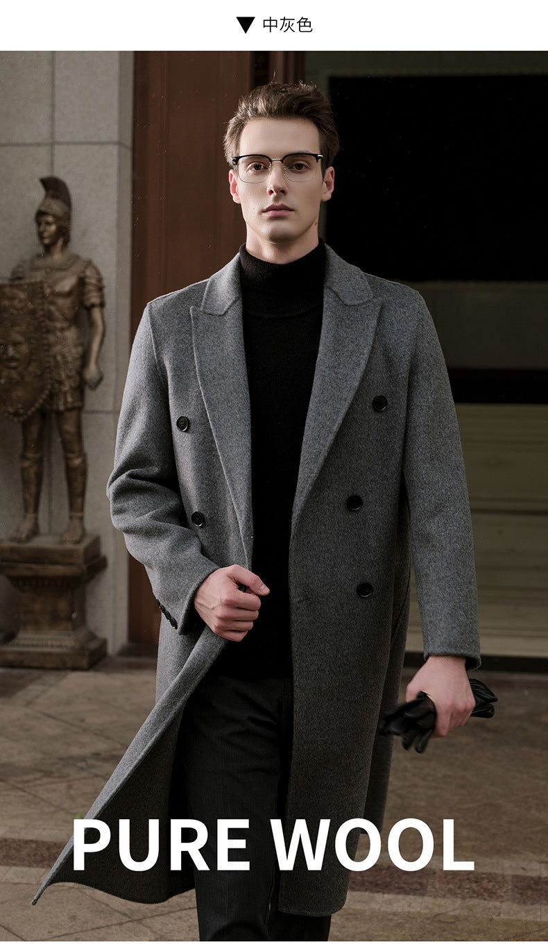 Gents Trench coat Premium Wool-Cotton Blend Peacoat Double-Breasted Mid-Length Overcoat Casual Oversized Lapel Coat
