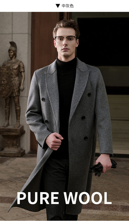 Gents Trench coat Premium Wool-Cotton Blend Peacoat Double-Breasted Mid-Length Overcoat Casual Oversized Lapel Coat