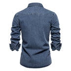 Men’s Washed Denim Shirt – Long Sleeve 100% Cotton Casual Button-Up Top | 6025
